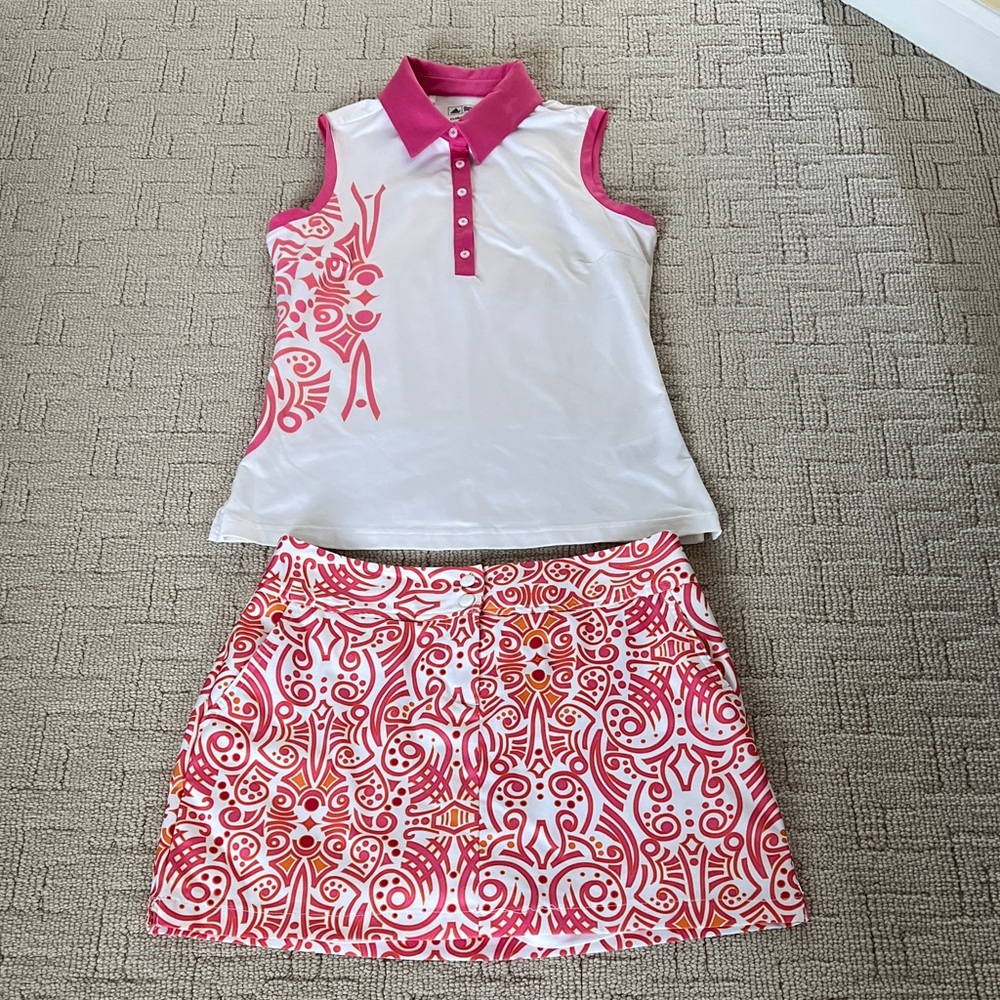 ADIDAS golf Pink/Coral and White Sleeveless Polo and Skirt Set